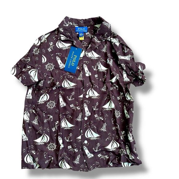 NWT Polo Ralph Lauren Boys Size 6 Brown Nautical Print Short-Sleeve Button Shirt - Picture 1 of 4